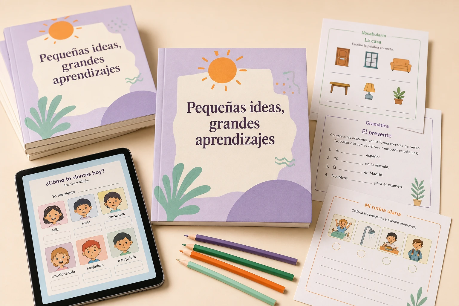 Cuadernillos, fichas A4 y tablet con recursos educativos de demostración